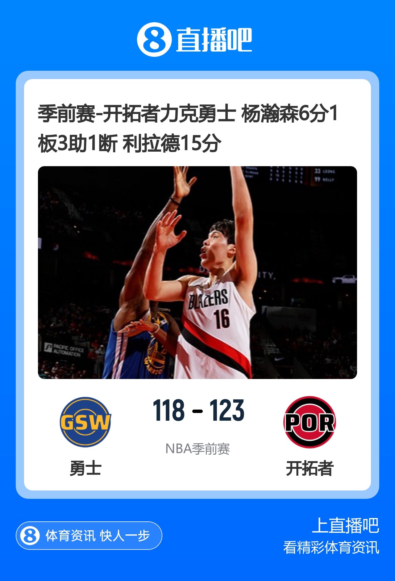 🏀季前赛-开拓者力克勇士 杨瀚森6分2板4助1断 利拉德15分