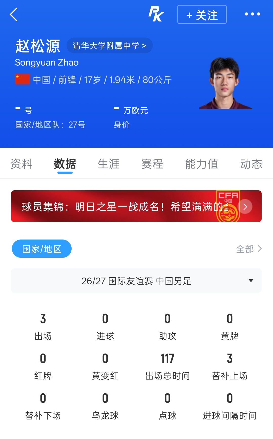 17岁入选国足3场出战117分钟！赵松源社媒：不甘落败，砥砺前行