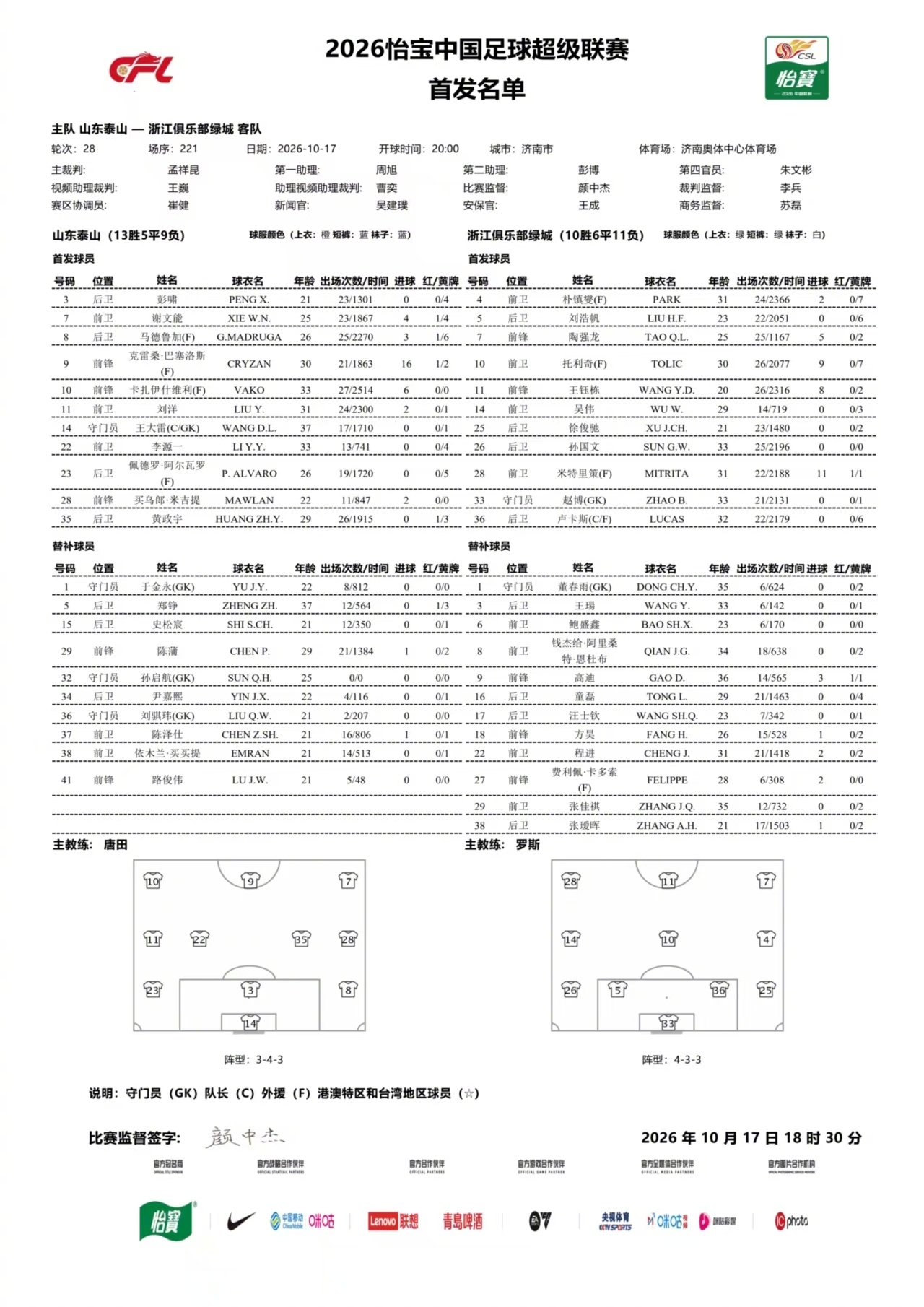泰山vs浙江首发