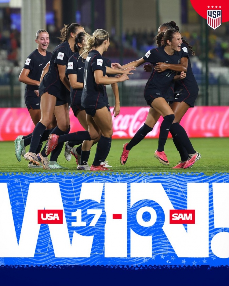 残暴！美国U17女足17-0大胜萨摩亚U17女足创造纪录